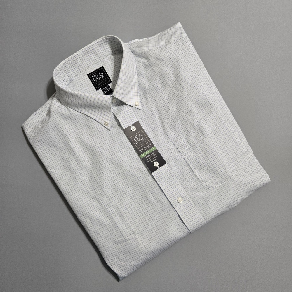 Jos. A. Bank Dress Shirt Mens Large 17 36 White Blue Check Traveler Tailored Fit